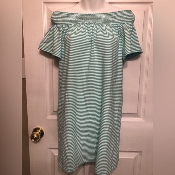 Vineyard Vines Sz S Off the Shoulder Mint White Stripe Dress - Picture 1 of 6